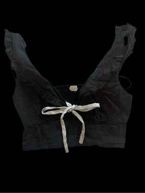 Kimchi Blue Black Ruffle Tie-Front Crop Top with White Tie